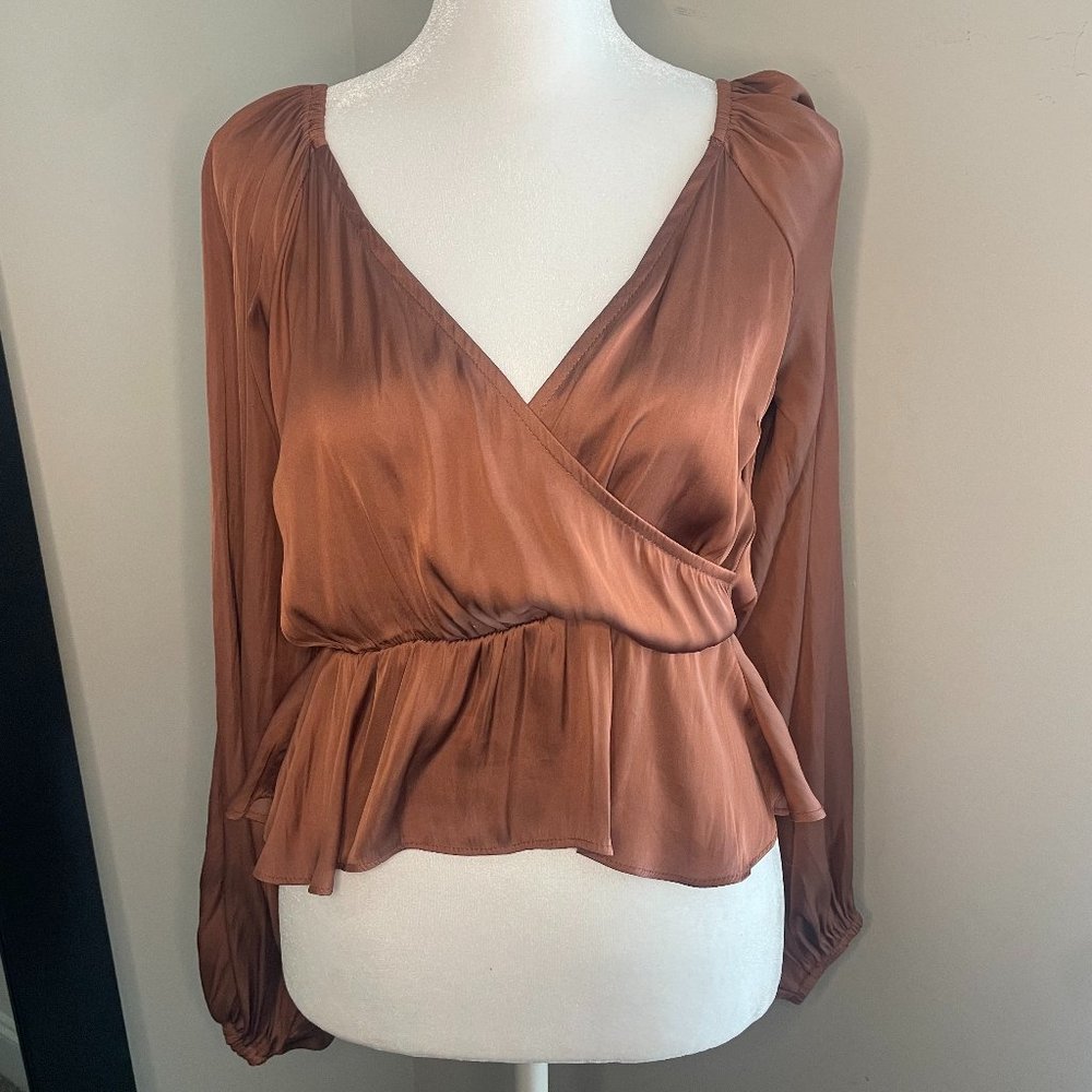 Brown Satin Puffy Sleeved Blouse